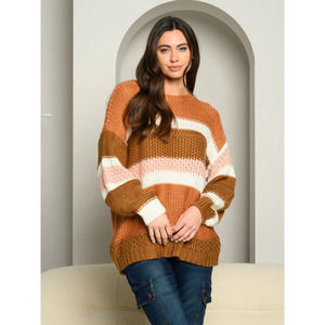 Camel Striped Color Block Knit Sweater